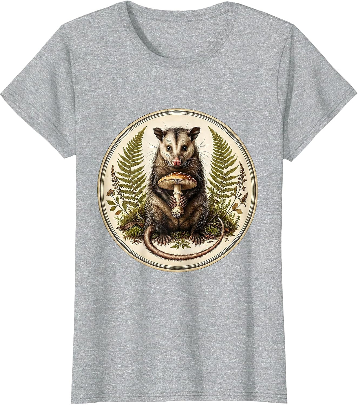Women's Opossum Holding Mushroom Moonlit Forest Art T-Shirt - Heather Grey