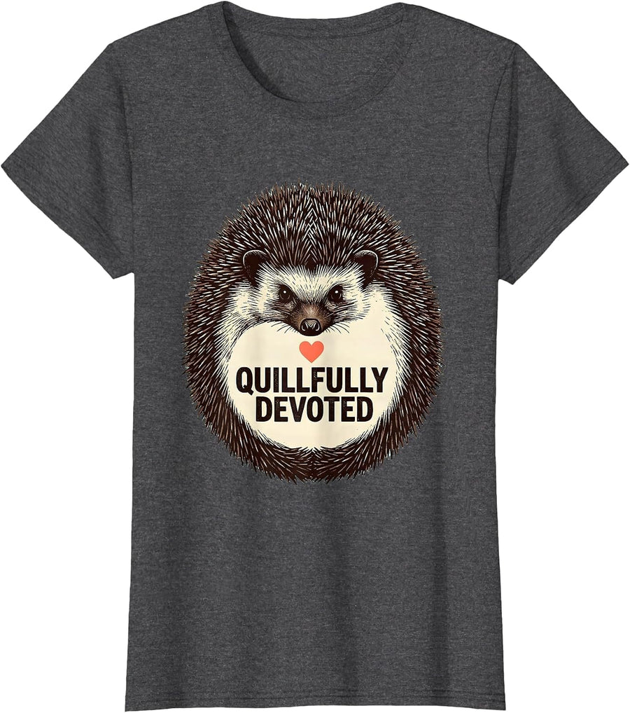 Women's Quillfully Devoted Whimsical Hedgehog Lover Gift T-Shirt - Dark Heather Grey