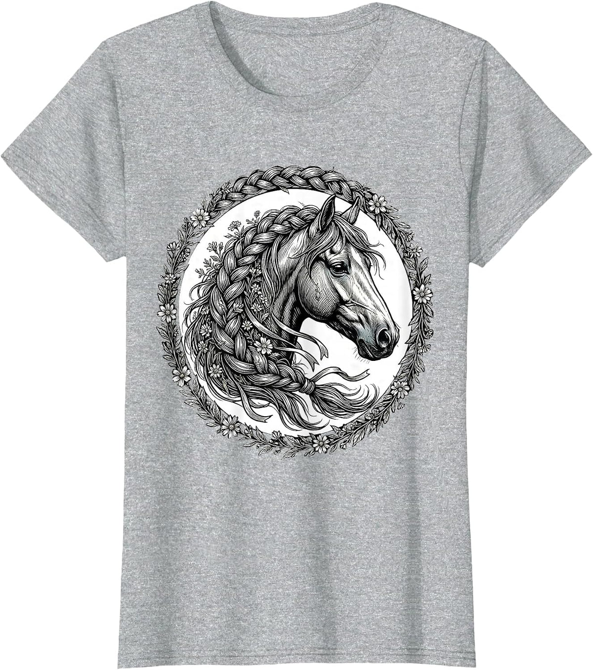 Braided Horse Mane Wildflowers and Ribbon Art T-Shirt - Heather Grey