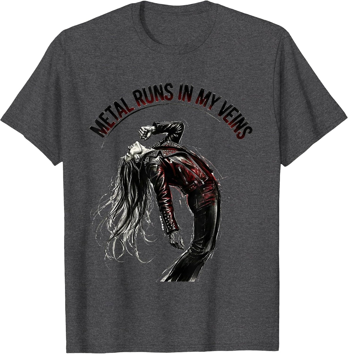 Metal Runs In My Veins Heavy Metal Design T-Shirt - Dark Heather Grey
