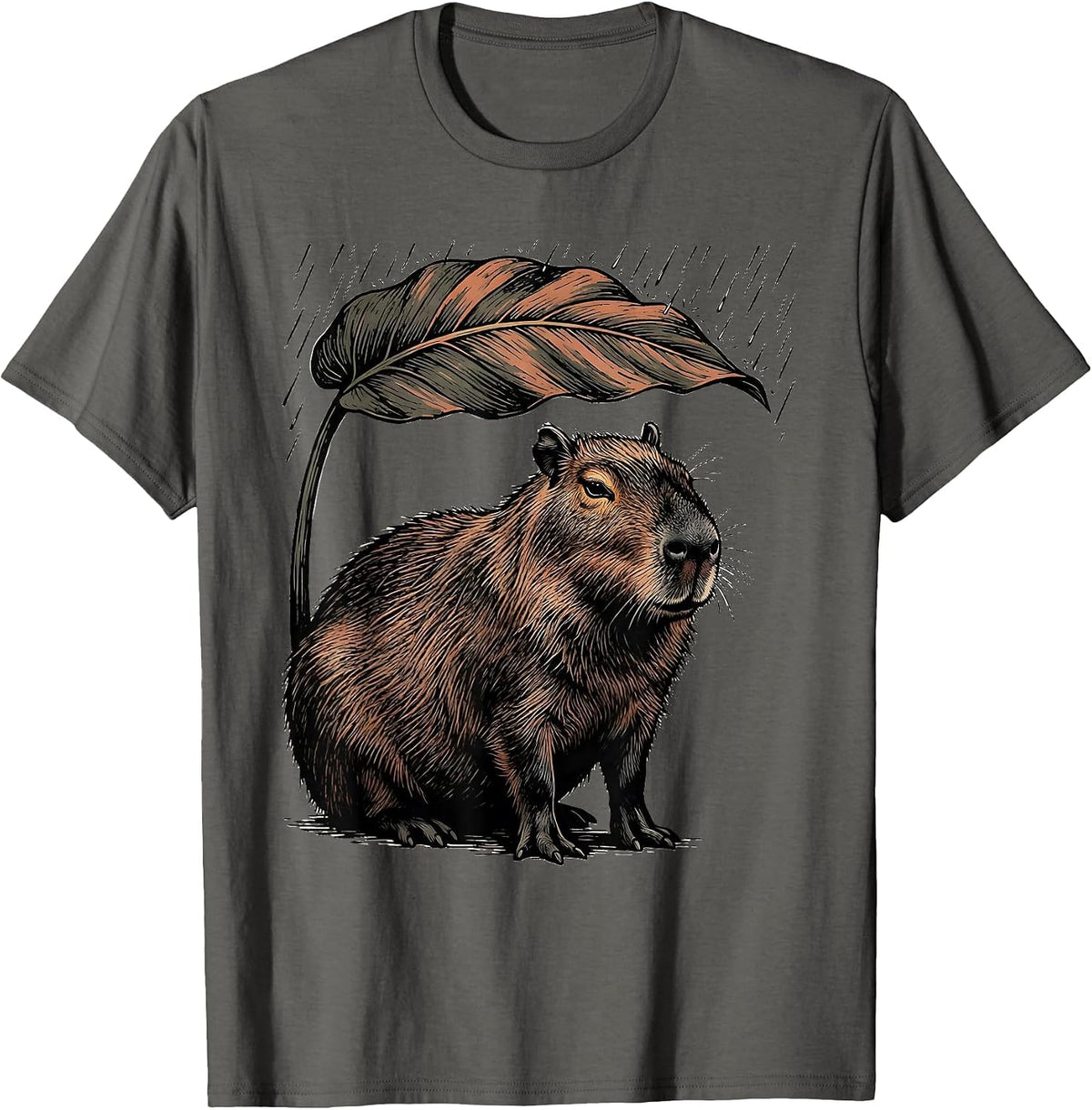Capybara Under Leaf Linocut Funny Animal Humor T-Shirt - Asphalt Grey