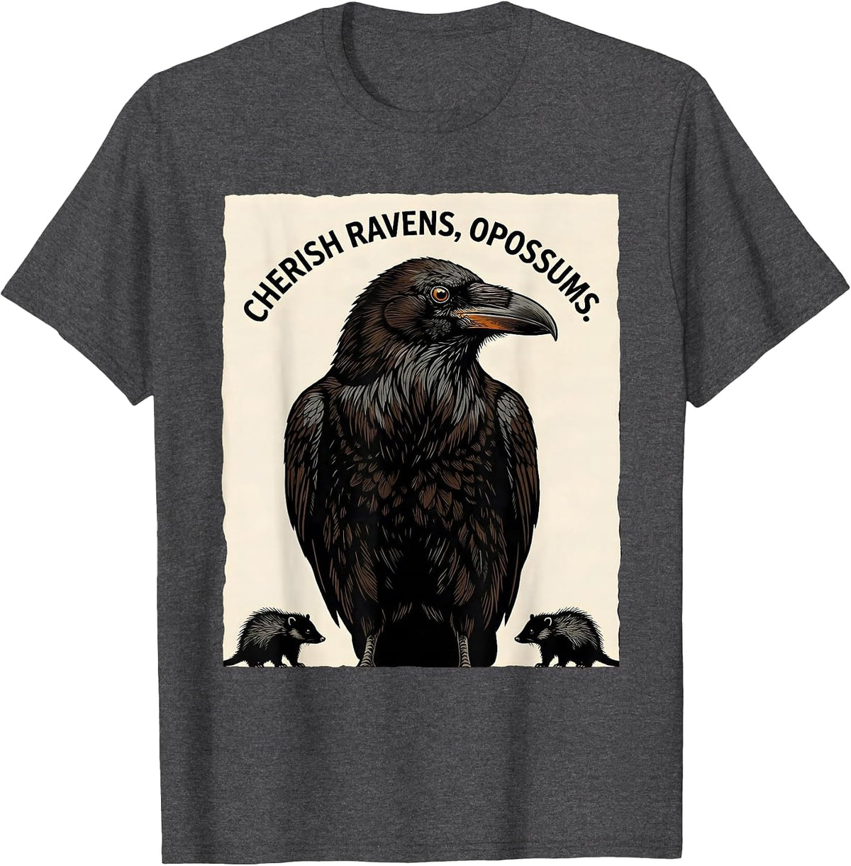 Cherish Ravens Opossums Linocut Nature Lover Misunderstood T-Shirt - Dark Heather Grey