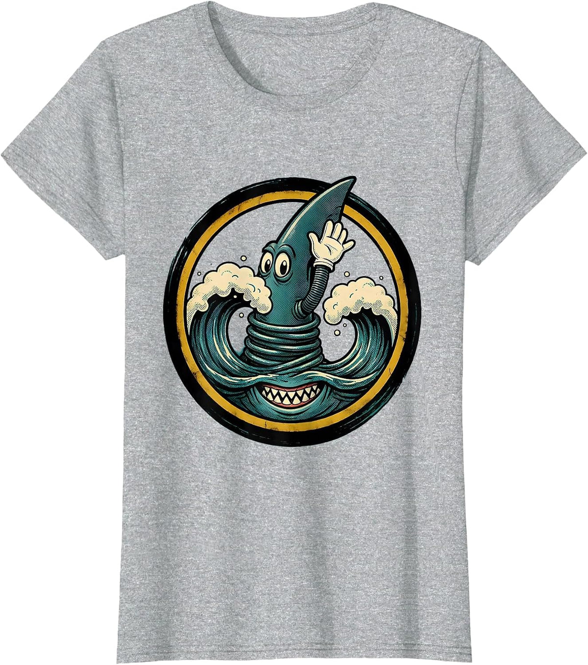 8th Birthday Shark Fin Ocean Waves Graphic T-Shirt - Heather Grey