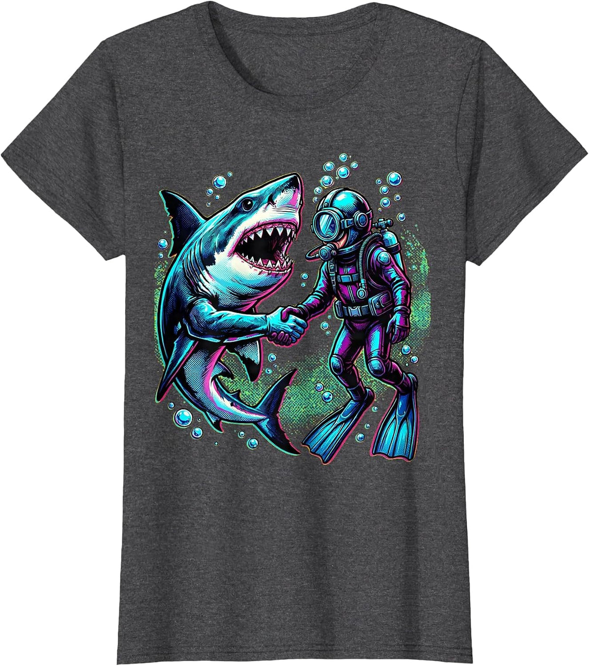 Women's Shark and Diver Holding Hands Underwater Art T-Shirt - Dark Heather Grey