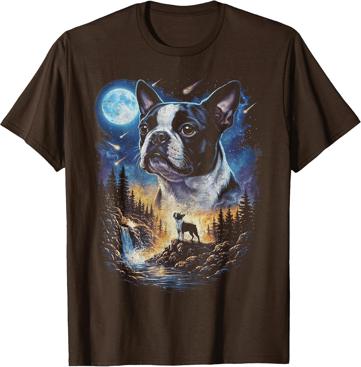 Boston Terrier Howling At The Moon Vintage Dog Art T-Shirt - Brown
