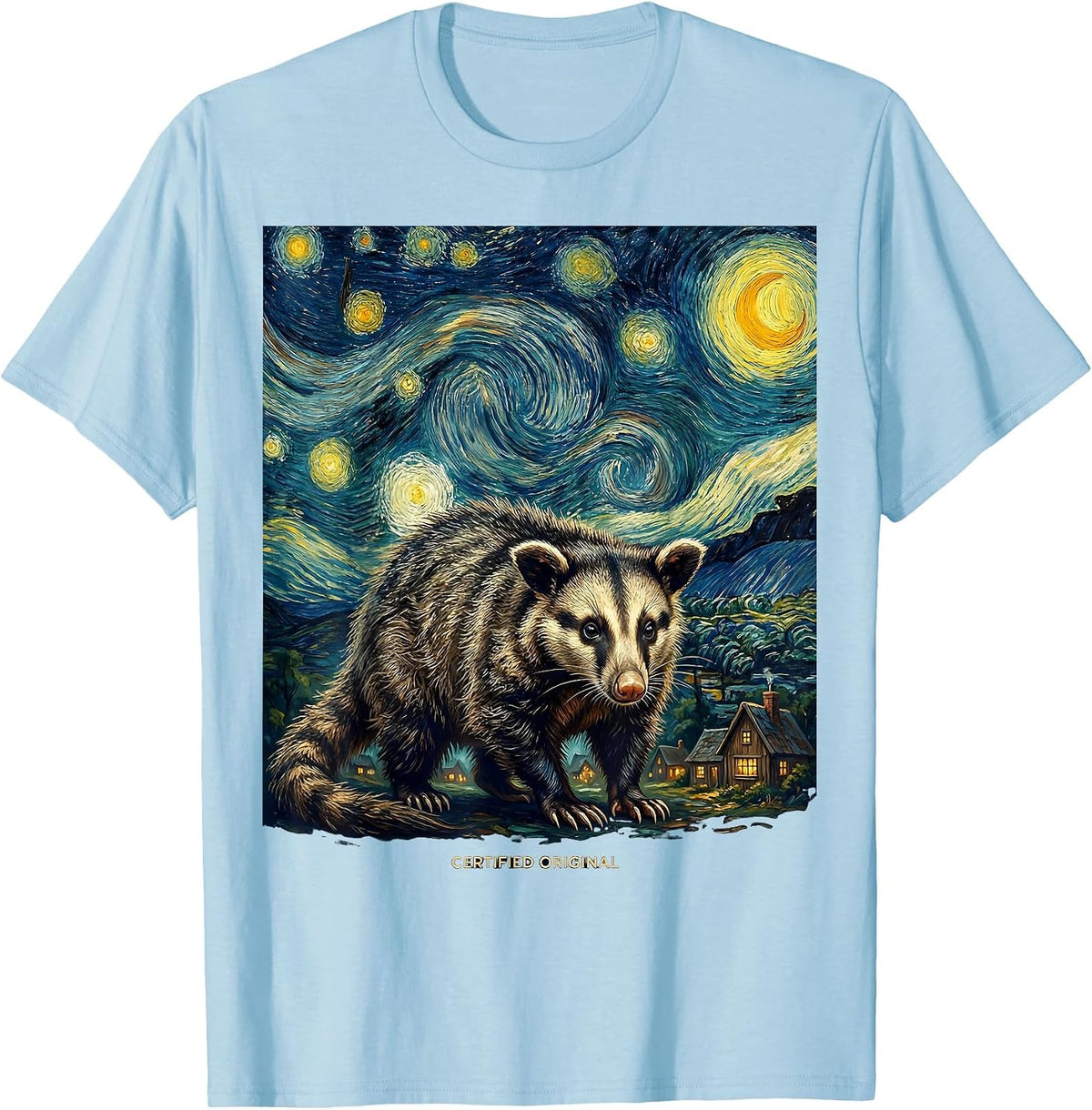 Men's Certified Original Opossum Van Gogh Starry Night Animal Art T-Shirt - Baby Blue
