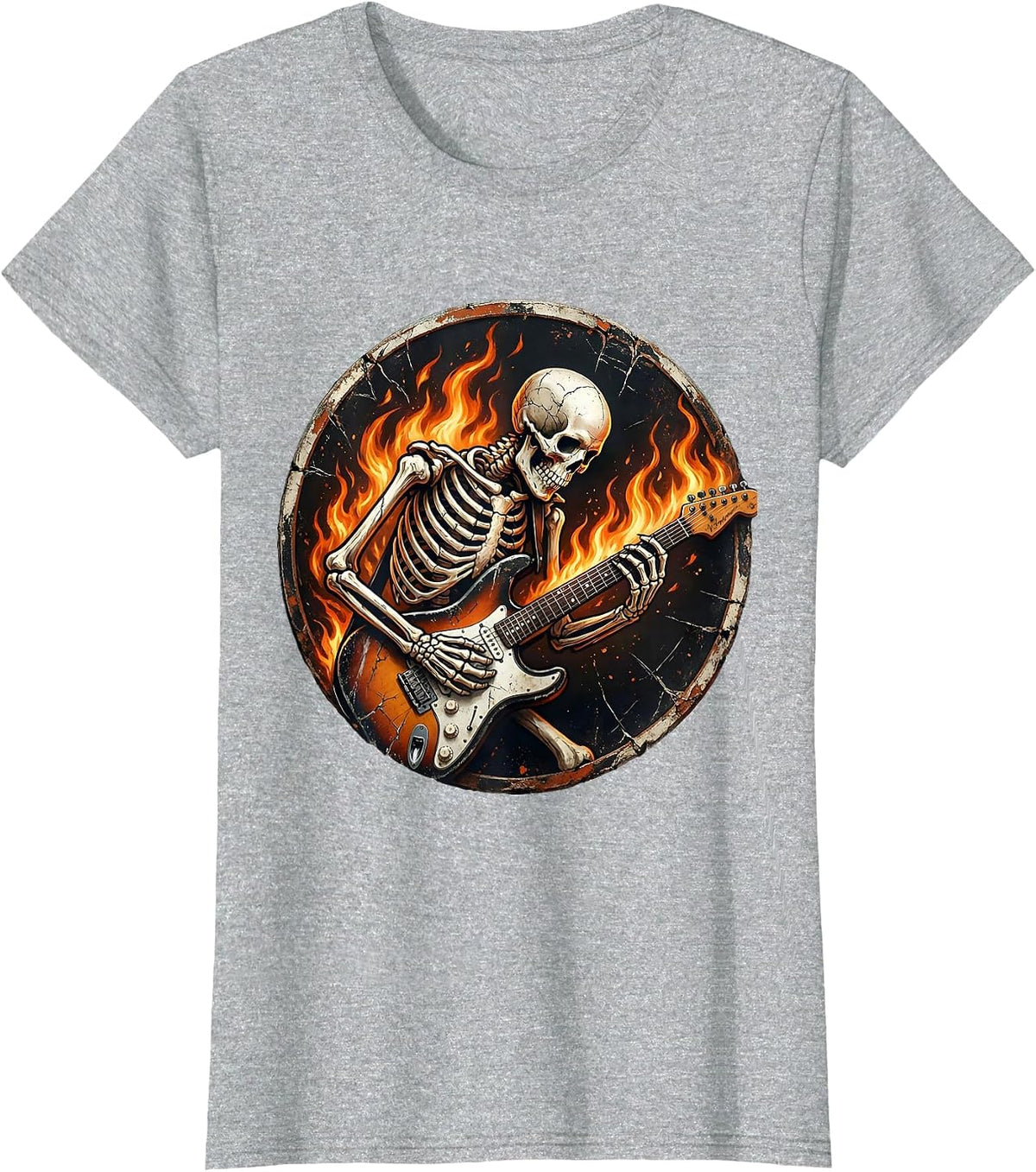 Skeleton Electric Guitar Flames Halloween Design T-Shirt - Heather Grey
