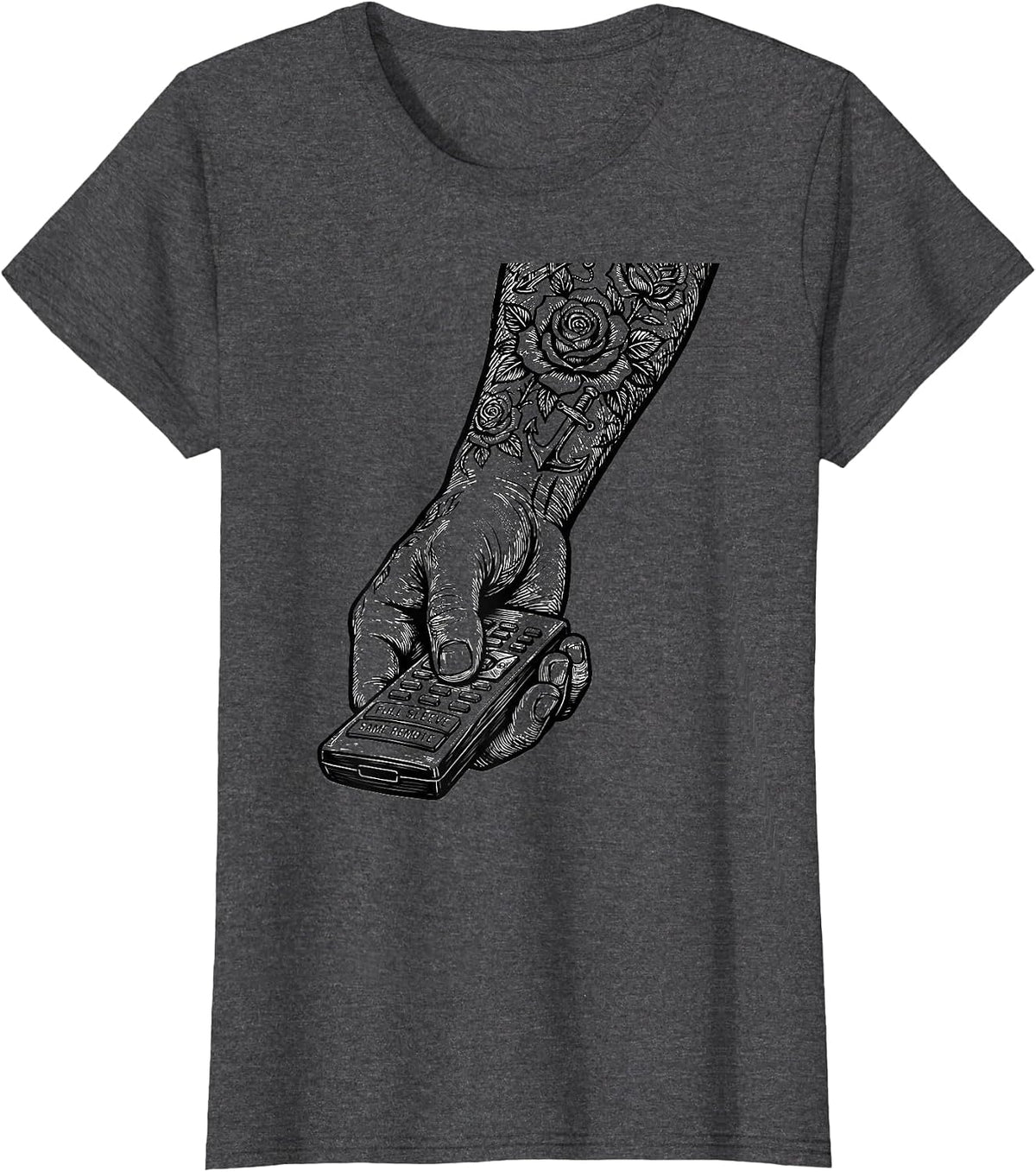 Women's Full Sleeve, Same Remote Vintage Tattoo Humor Ink Addict T-Shirt - Dark Heather Grey