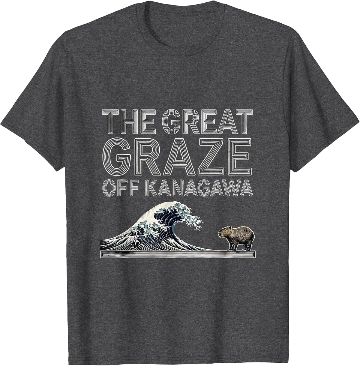 Men's The Great Graze off Kanagawa Funny Capybara Japanese Art T-Shirt - Dark Heather Grey