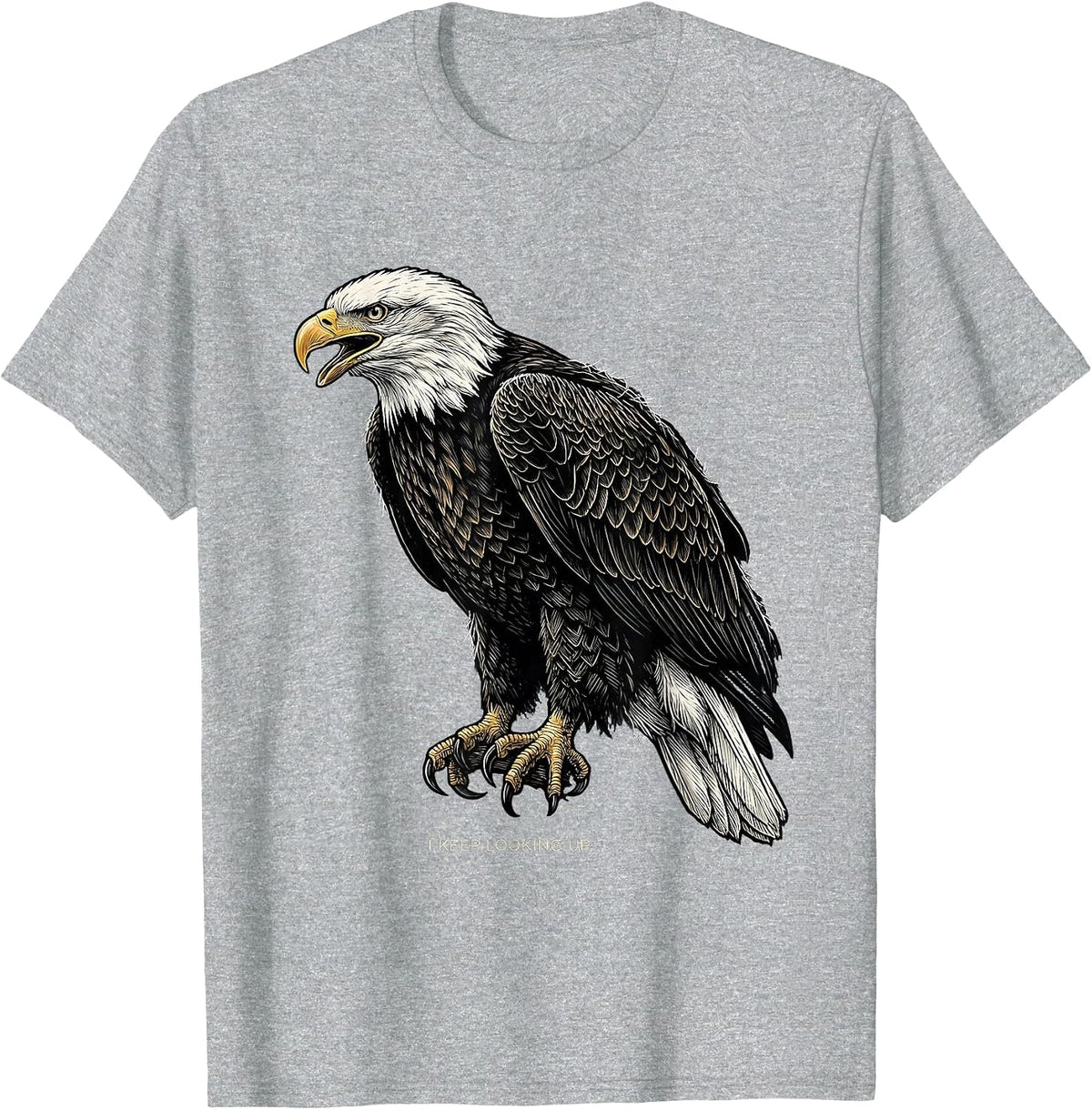 Men's I Keep Looking Up Woodcut Engraving Patriotic Eagle Bird T-Shirt - Heather Grey