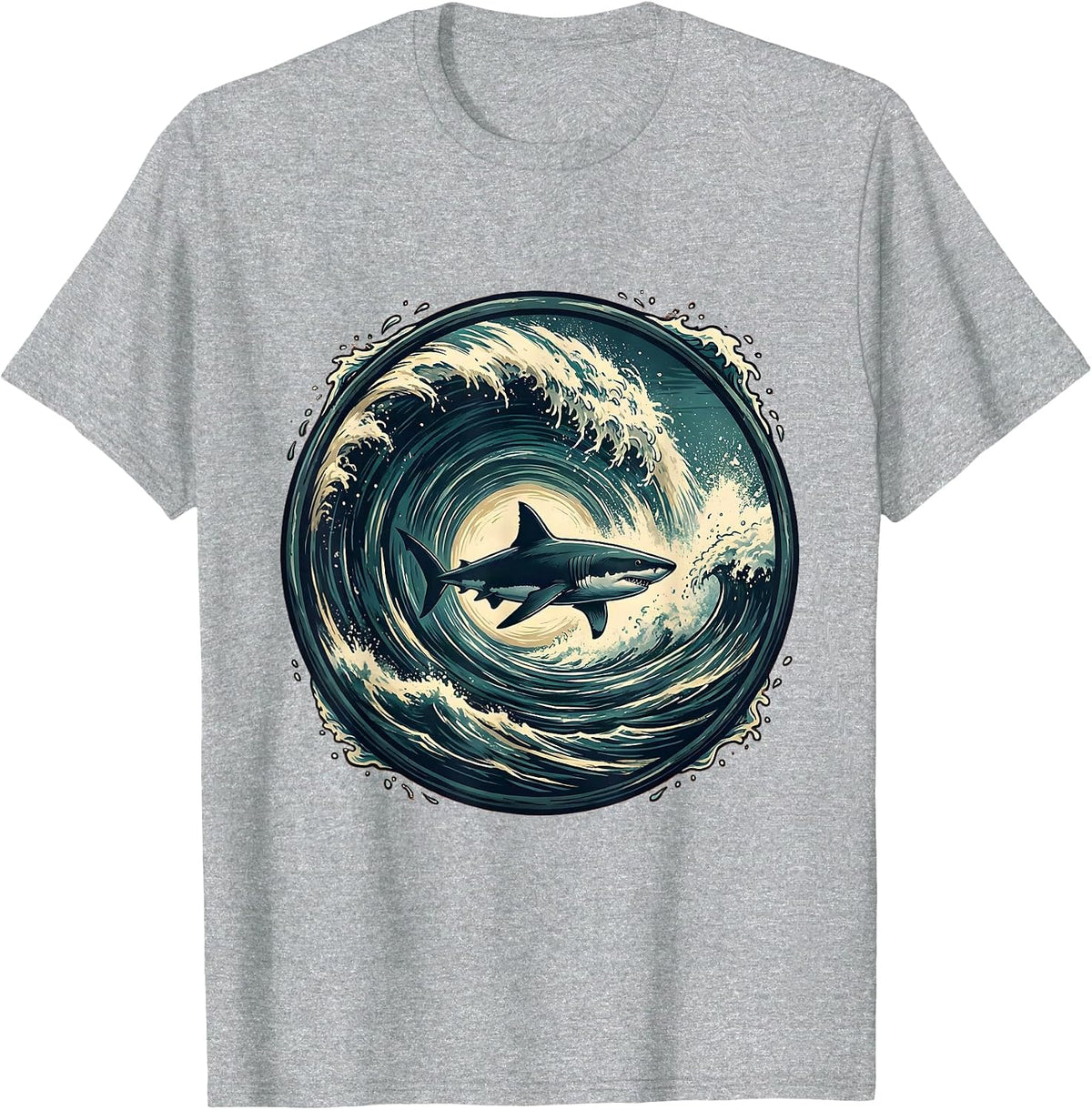 Men's Shark Silhouette Crashing Wave Barrel Graphic T-Shirt - Heather Grey