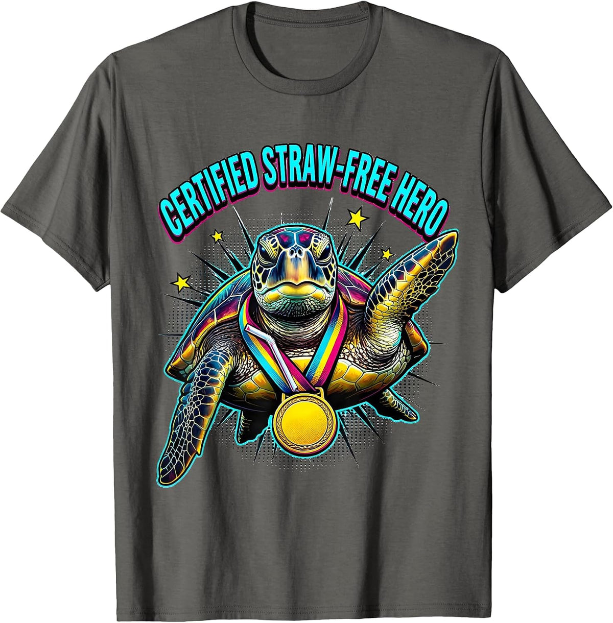Men's Certified Straw-Free Hero Funny Sea Turtle Plastic Straw T-Shirt - Asphalt Grey
