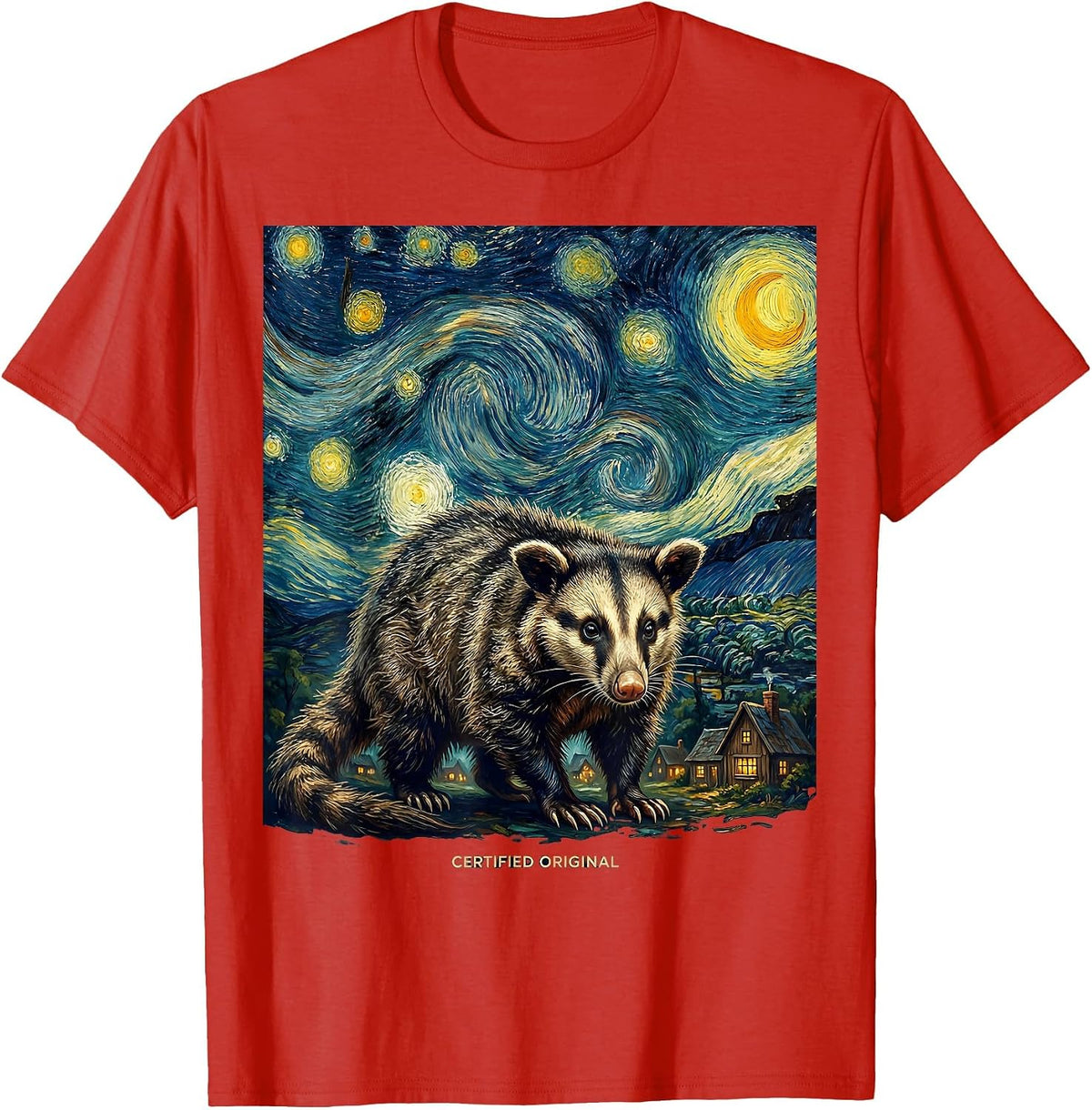 Men's Certified Original Opossum Van Gogh Starry Night Animal Art T-Shirt - Red