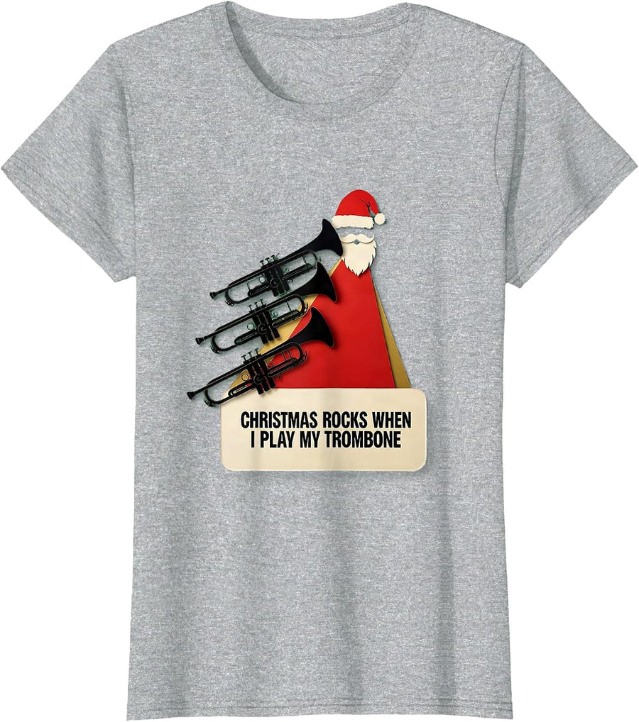 Women's Christmas Rocks When I Play My Trombone Trombone Player T-Shirt - Heather Grey