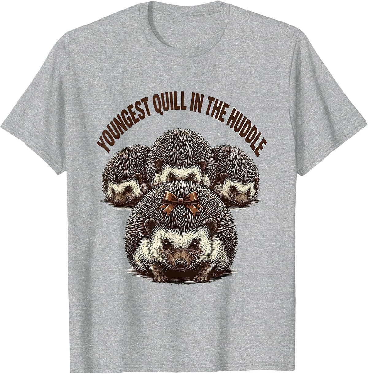 Men's Youngest Quill In The Huddle Cute Hedgehog Christmas Humor T-Shirt - Heather Grey