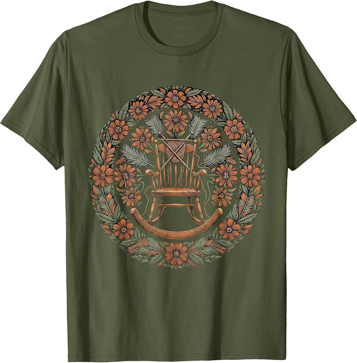 Cozy Rocking Chair Knitting Mom Graphic T-Shirt - Olive Green