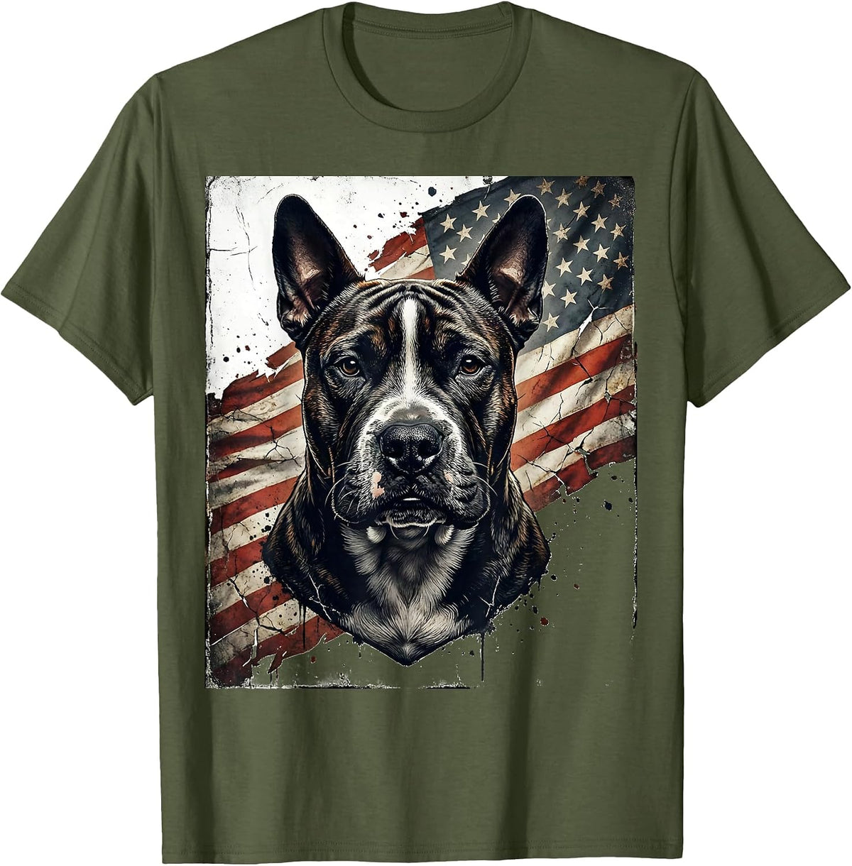 Bull Terrier Distressed Patriotic Dog Lover American Flag T-Shirt - Olive Green
