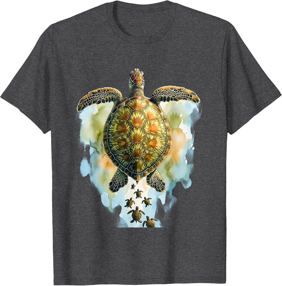 Men's Mother Sea Turtle and Hatchlings Ocean Art T-Shirt - Dark Heather Grey