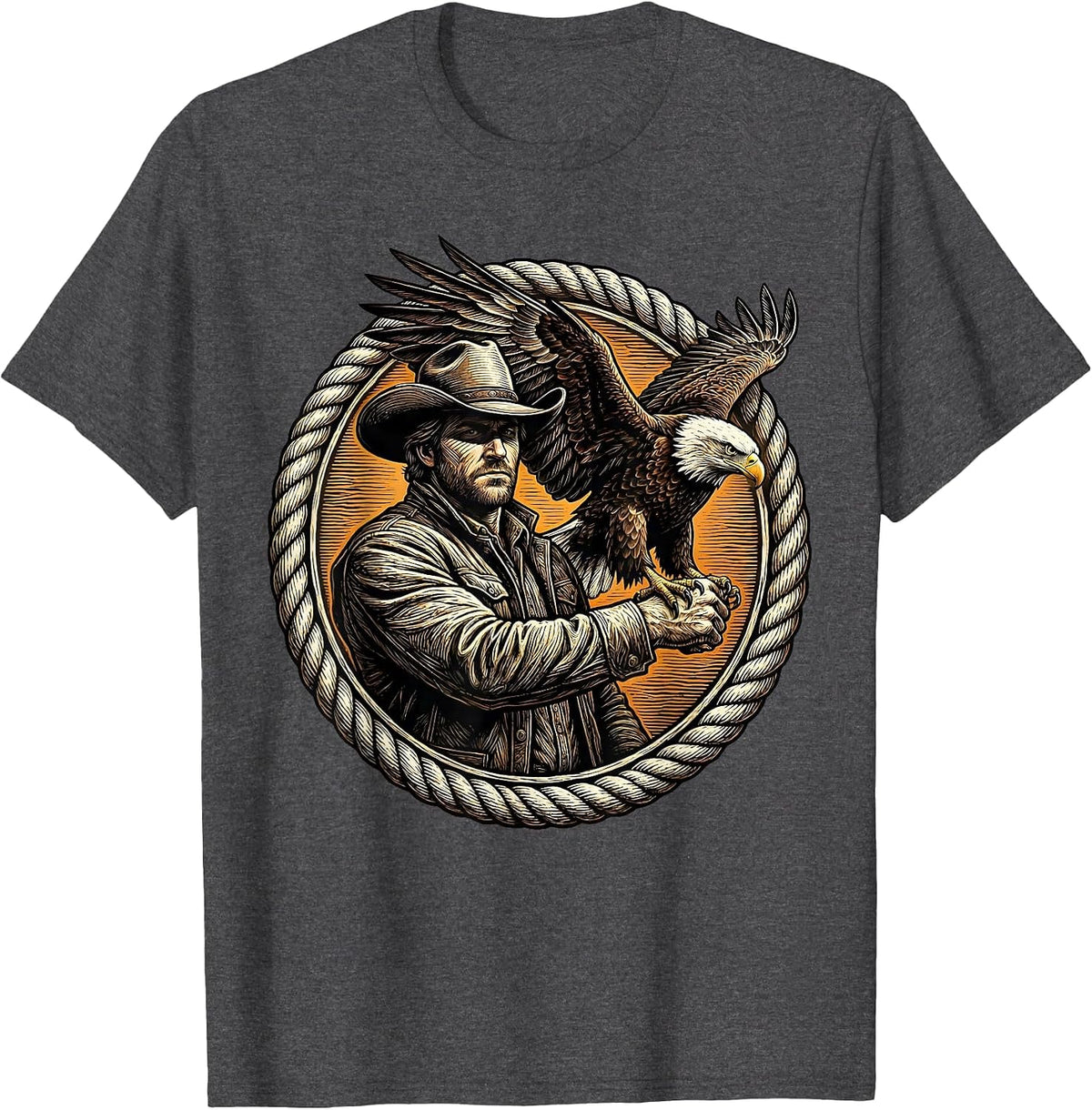 Eagle and Cowboy Outstretched Arm Illustration T-Shirt - Dark Heather Grey