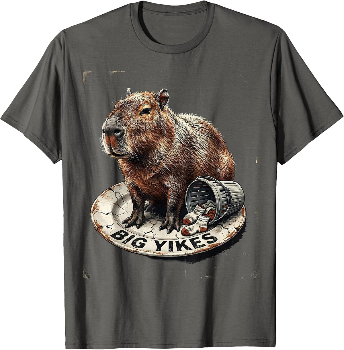 Men's Big Yikes Distressed Capybara Funny Animal Meme Humor T-Shirt - Asphalt Grey