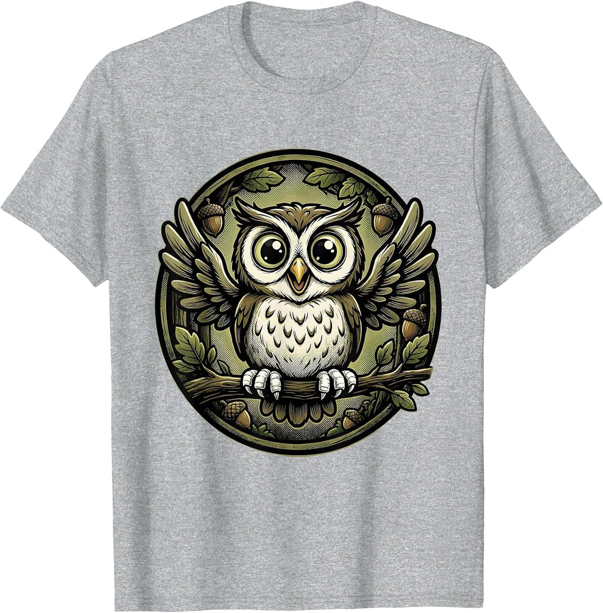 Men's Youth Camo Owl Perched on Branch Forest Art T-Shirt - Heather Grey