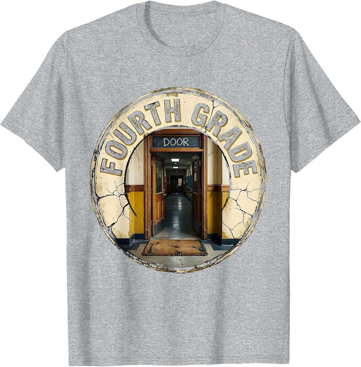 Men's Fourth Grade Door Distressed Retro Teacher Back To School T-Shirt - Heather Grey