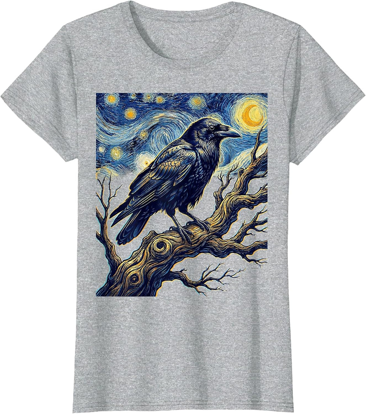 Van Gogh Raven on Winter Branch Graphic T-Shirt - Heather Grey