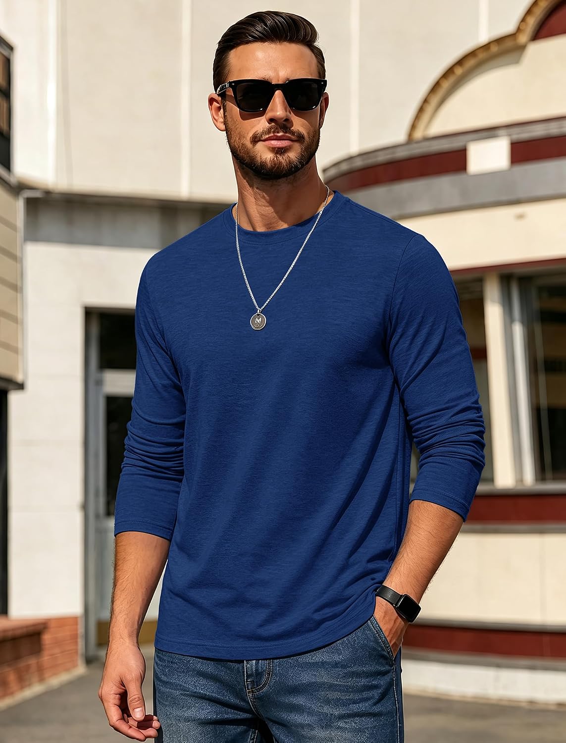 Mens Long Sleeve Tee Shirts Crew Neck Casual Regular Fit Plain - size chart