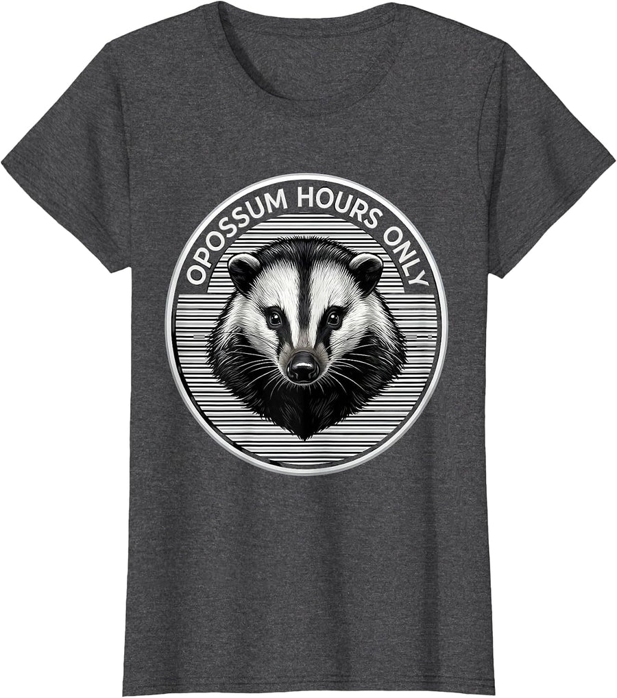 Women's Opossum Hours Only Funny Nocturnal Design T-Shirt - Dark Heather Grey