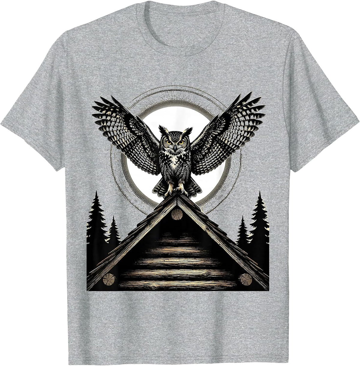 Men's Owl on Cabin Rooftop Night Scene Illustration T-Shirt - Heather Grey