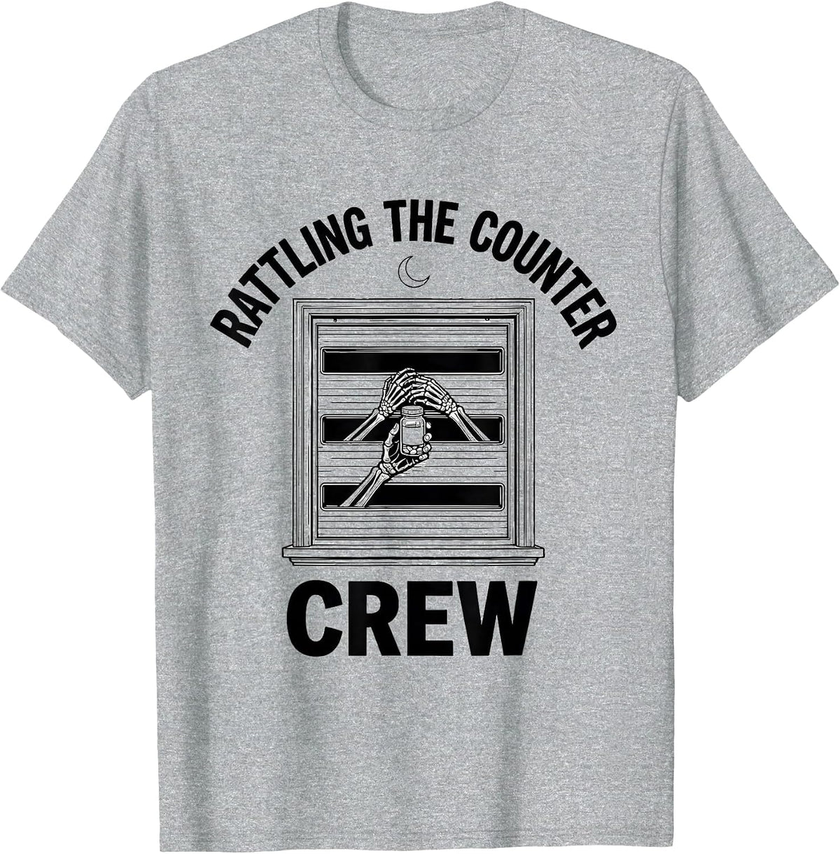 Men's Rattling The Counter Crew Funny Pharmacy Tech Skeleton T-Shirt - Heather Grey