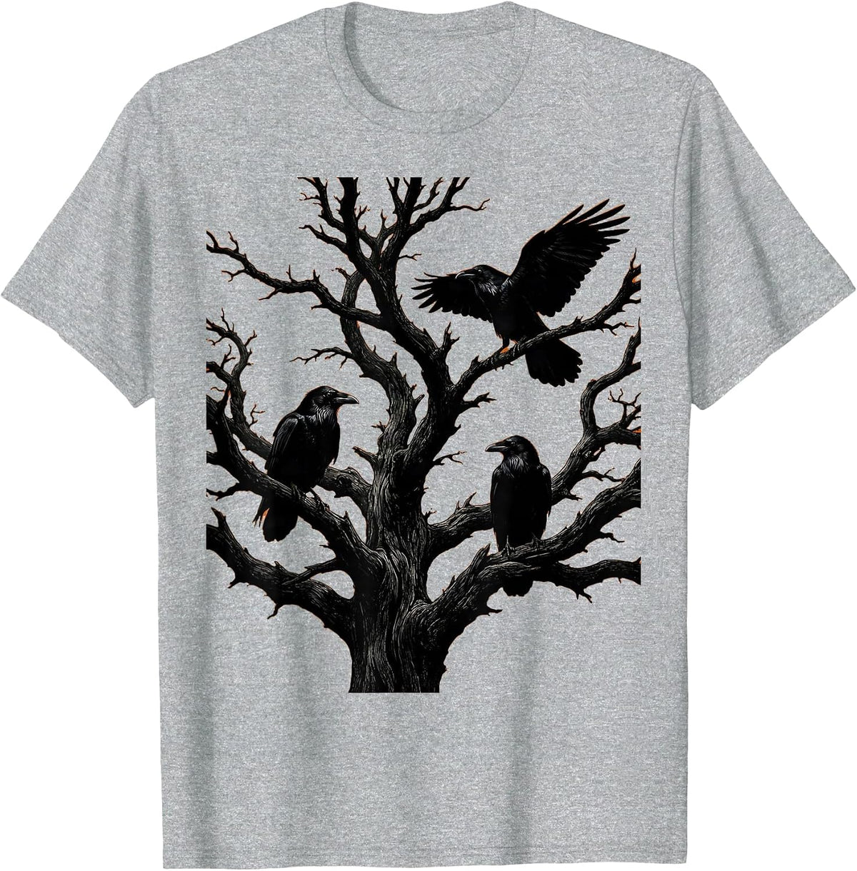 Men's Boys Halloween Ravens on Twisted Dead Tree T-Shirt - Heather Grey
