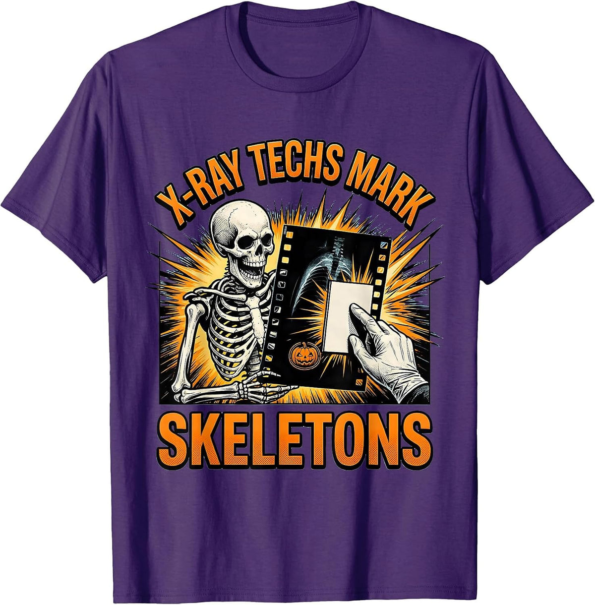 X-Ray Techs Mark Skeletons Comic Book Radiology Halloween T-Shirt - Purple