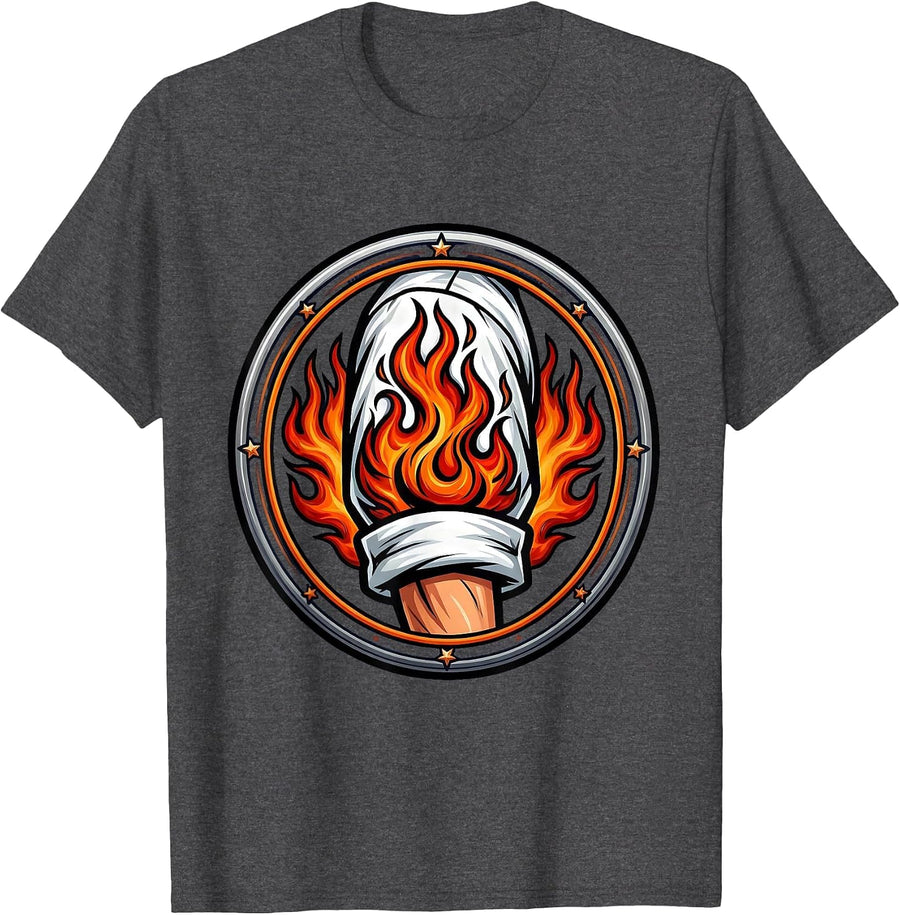 Men's Chef Coat Sleeve Flame Tattoo Illustration T-Shirt - Dark Heather Grey