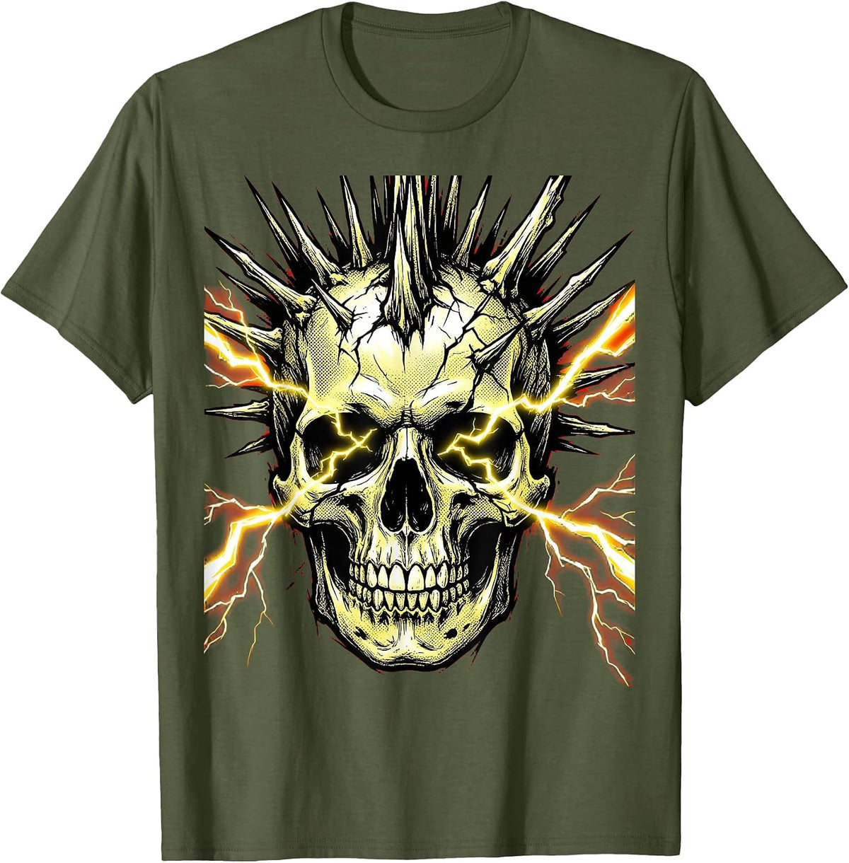 Mohawk Skull Lightning Bolt Eyes Punk Rock Art T-Shirt - Olive Green