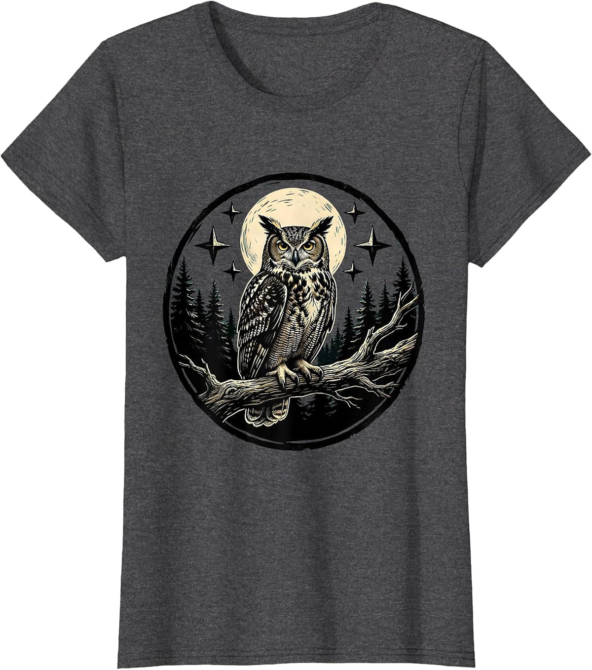 Women's Owl on Branch Starry Night Forest Illustration T-Shirt - Dark Heather Grey