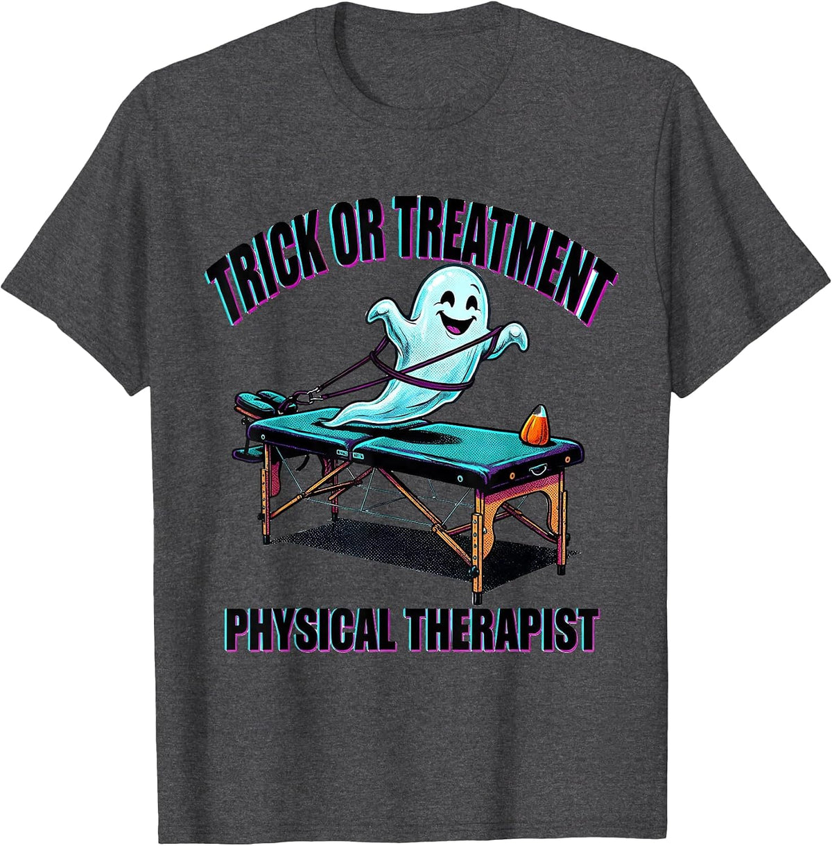 Men's Trick Or Treatment Physical Therapist Halloween Pop Art T-Shirt - Dark Heather Grey