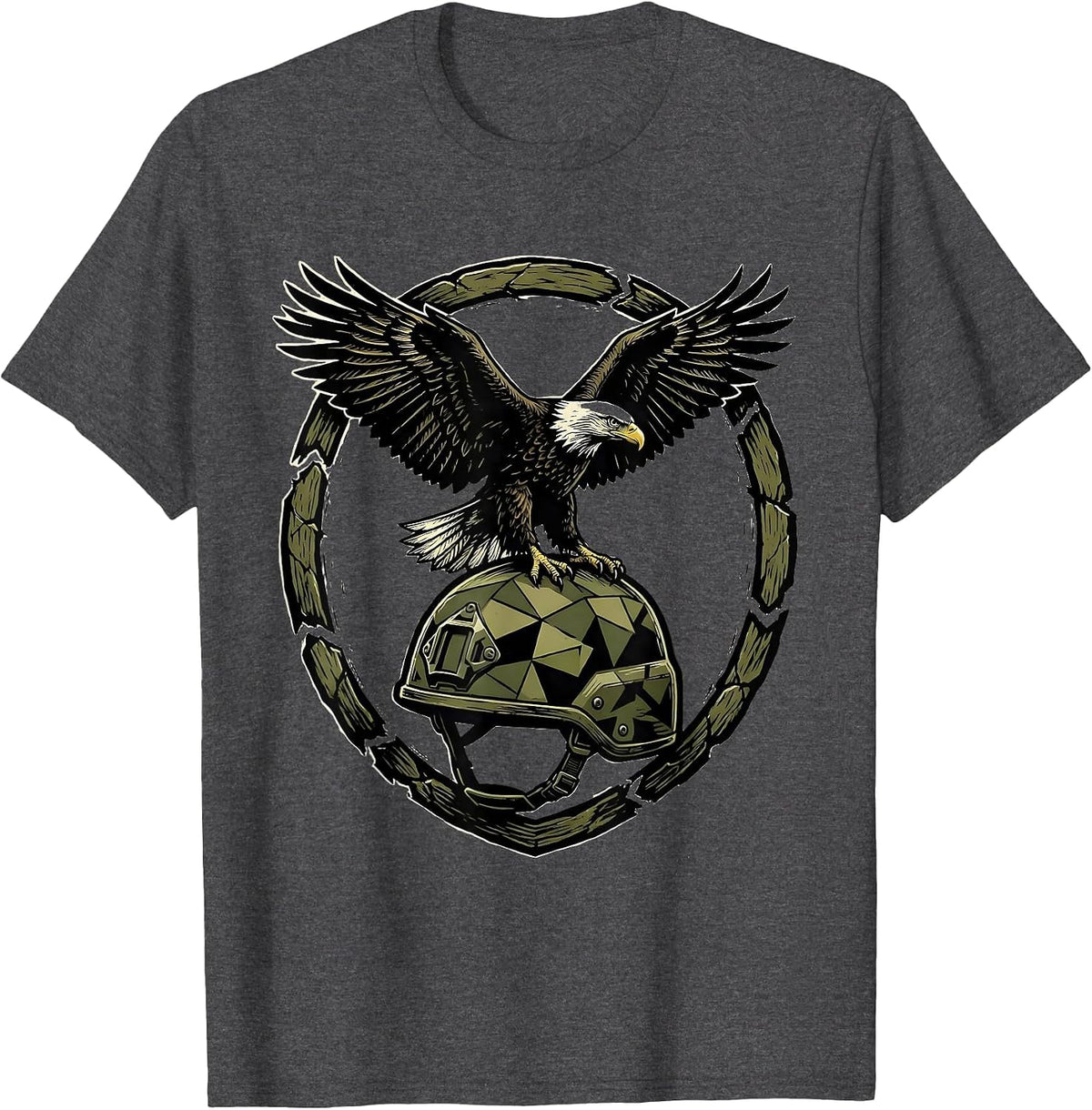 Eagle on Camo Helmet Patriotic Graphic T-Shirt - Dark Heather Grey