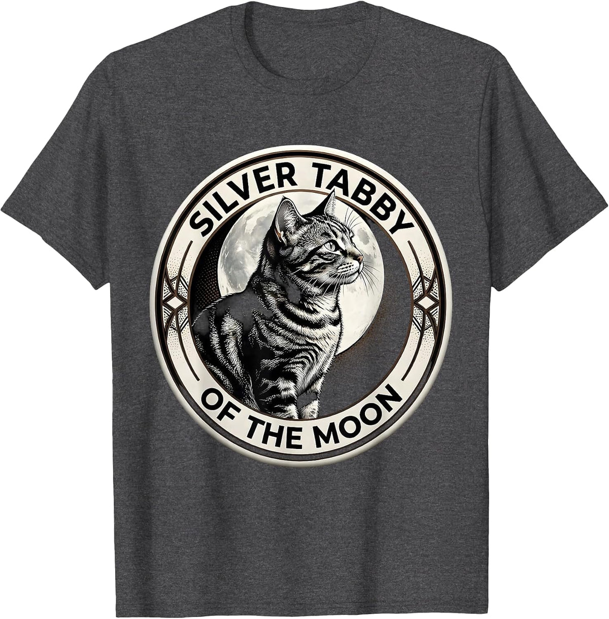 Men's Silver Tabby Of The Moon Blackwork Dotwork Cat Lover Humor T-Shirt - Dark Heather Grey