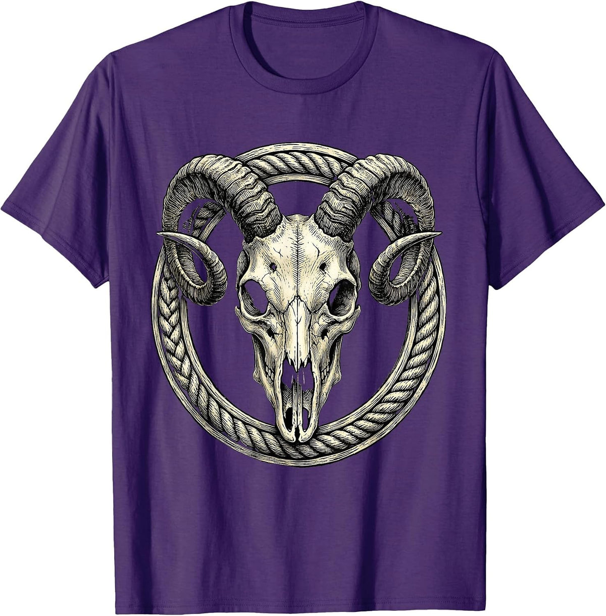Demon Goat Skull Curved Horns Horror Graphic T-Shirt - Purple