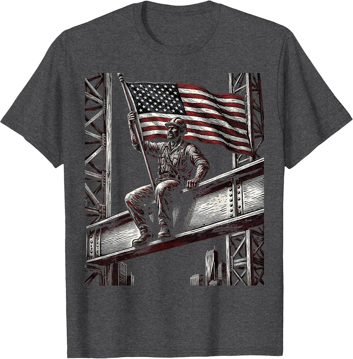 American Flag Construction Worker Steel Beam T-Shirt - Dark Heather Grey