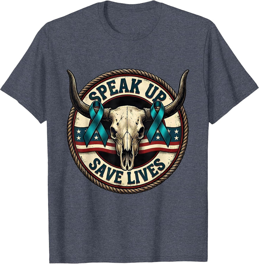 Speak Up Save Lives Suicide Awareness Design T-Shirt - Heather Blue
