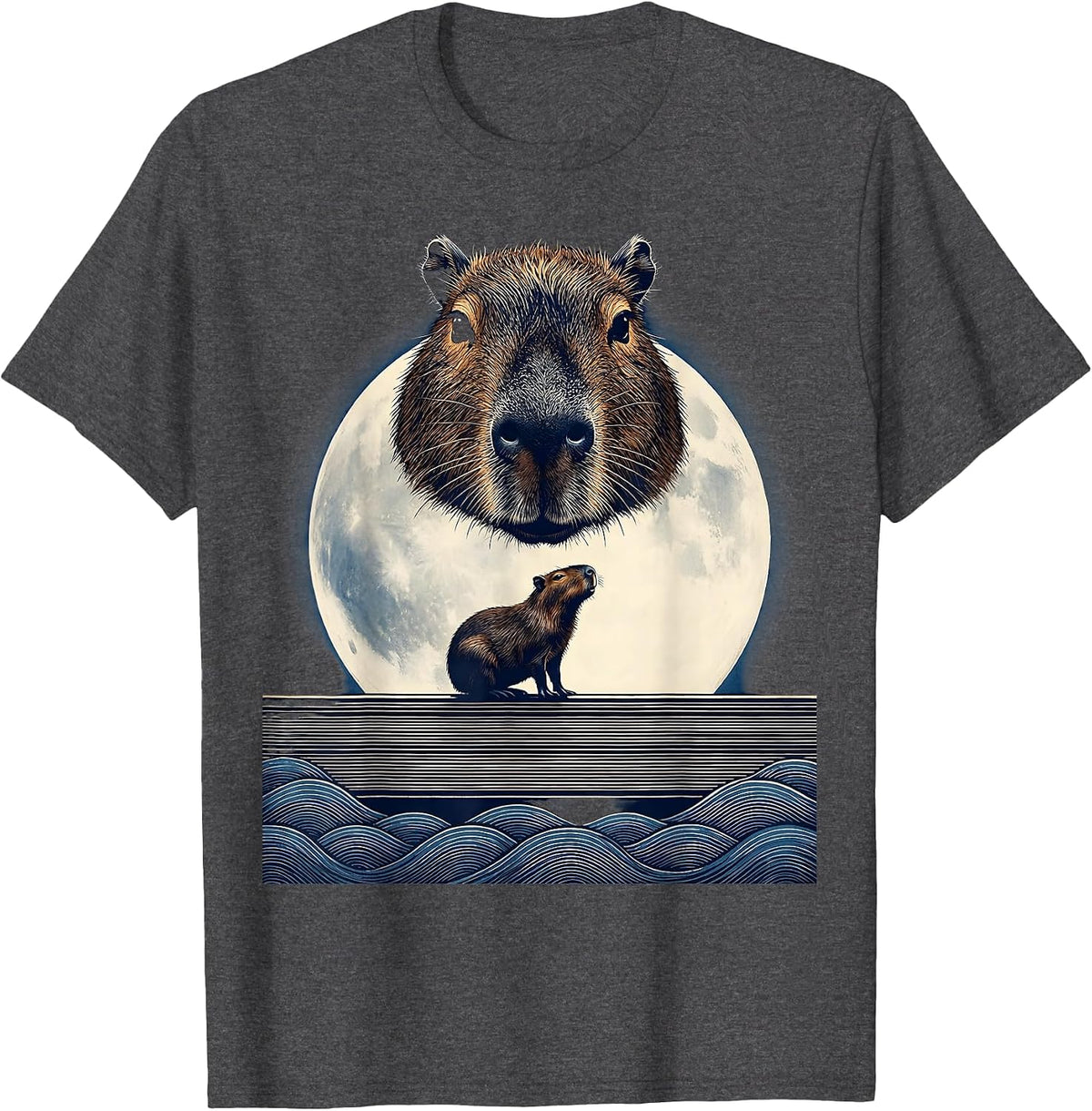 Men's Capybara Head Mask Ukiyo-e Howling Moon Meme T-Shirt - Dark Heather Grey