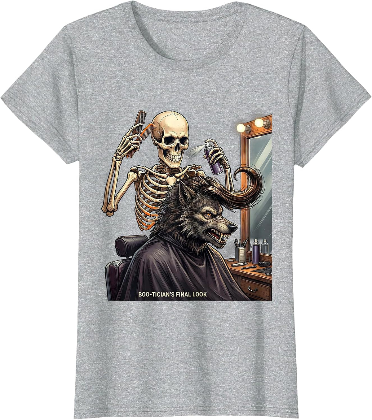 Boo-tician's Final Look Funny Skeleton Hairdresser Halloween T-Shirt - Heather Grey