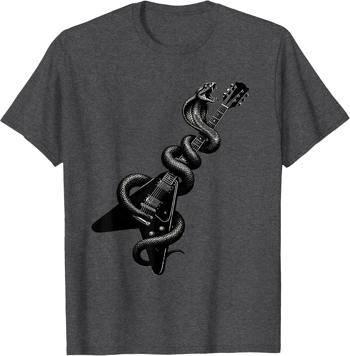 Snake Coiled Around Flying-V Guitar Rock Design T-Shirt - Dark Heather Grey