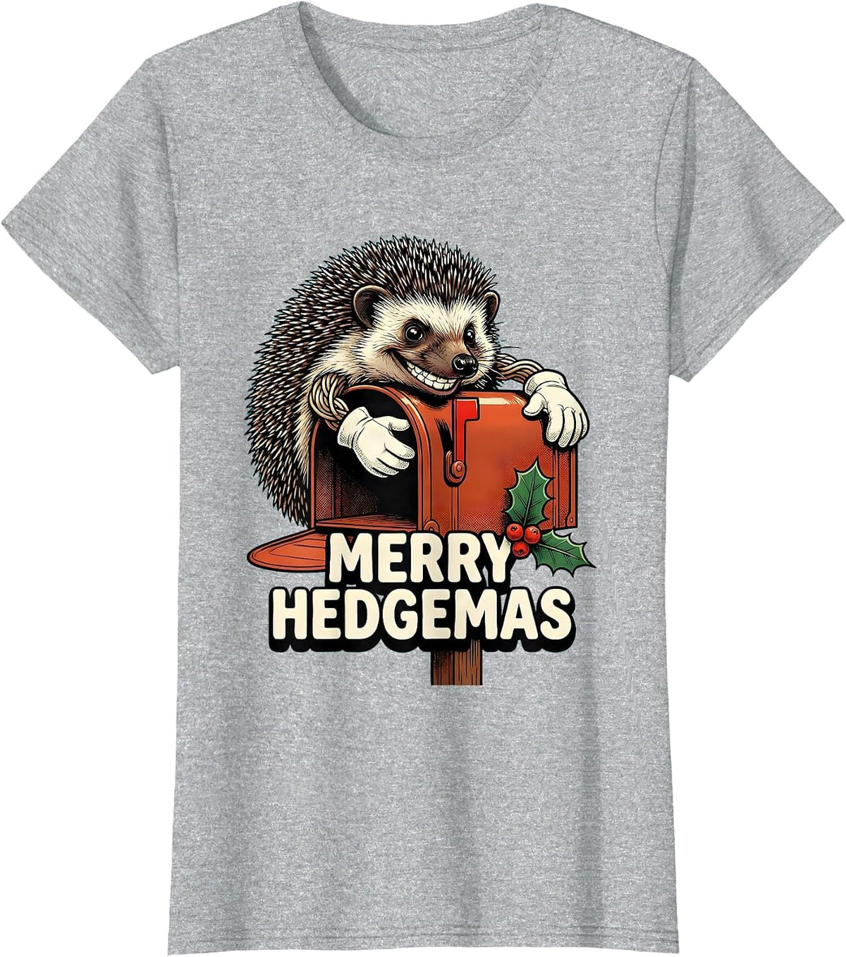 Women's Merry Hedgemas Retro Cartoon Hedgehog Christmas Humor T-Shirt - Heather Grey
