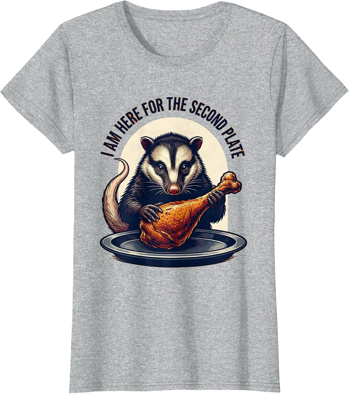 Women's I Am Here For The Second Plate Funny Opossum Thanksgiving T-Shirt - Heather Grey