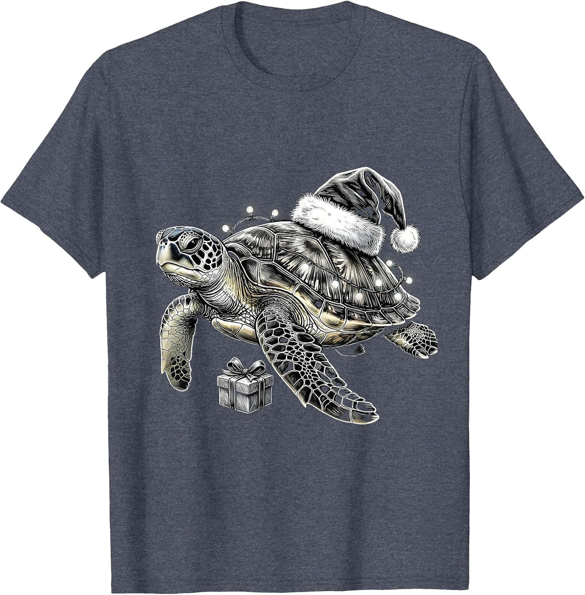 Sea Turtle Santa Hat Holiday Lights Animal Lover Christmas T-Shirt - Heather Blue
