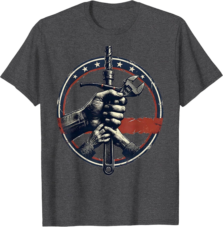 Men's Sealed Mechanic Badge American Flag Oilfield Worker Pride T-Shirt - Dark Heather Grey