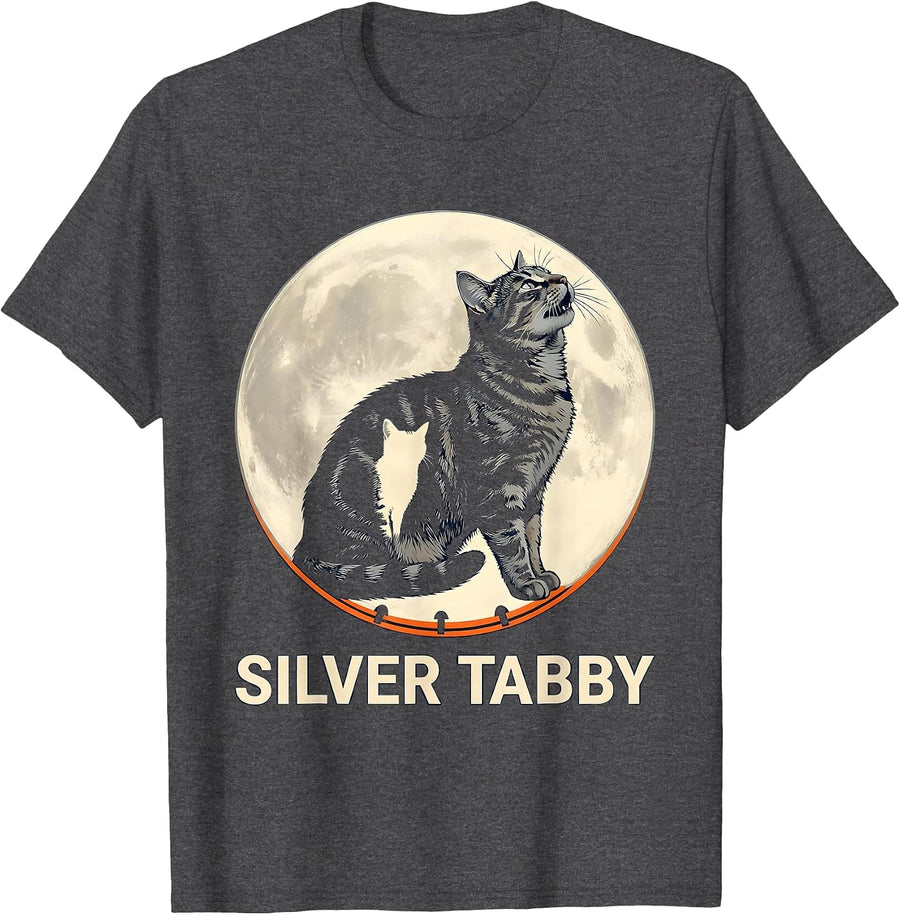 Men's Silver Tabby Howling at Moon 90's Retro Cat Owner Fantasy T-Shirt - Dark Heather Grey